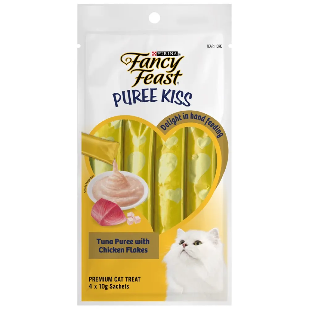 4 FOR $16: Fancy Feast Puree Kiss Tuna Puree With Chicken Flakes Cat Treats 40g