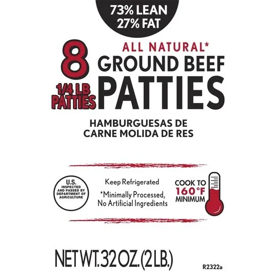 All Natural* 73% Lean/27% Fat Ground Beef Patties, 8 Count, 2 lb Tray