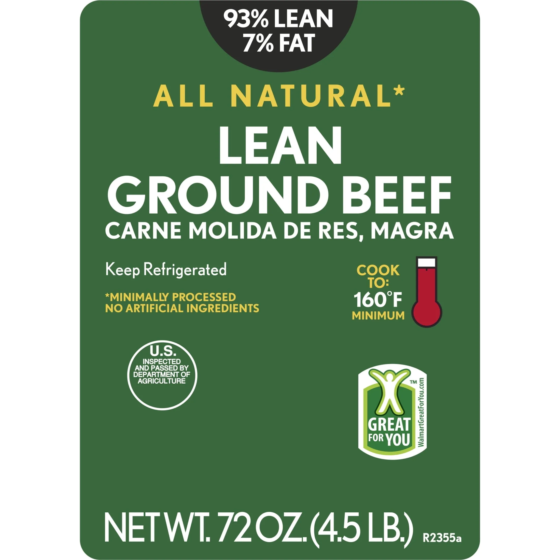 All Natural* 93% Lean/7% Fat Lean Ground Beef, 4.5 lb Tray