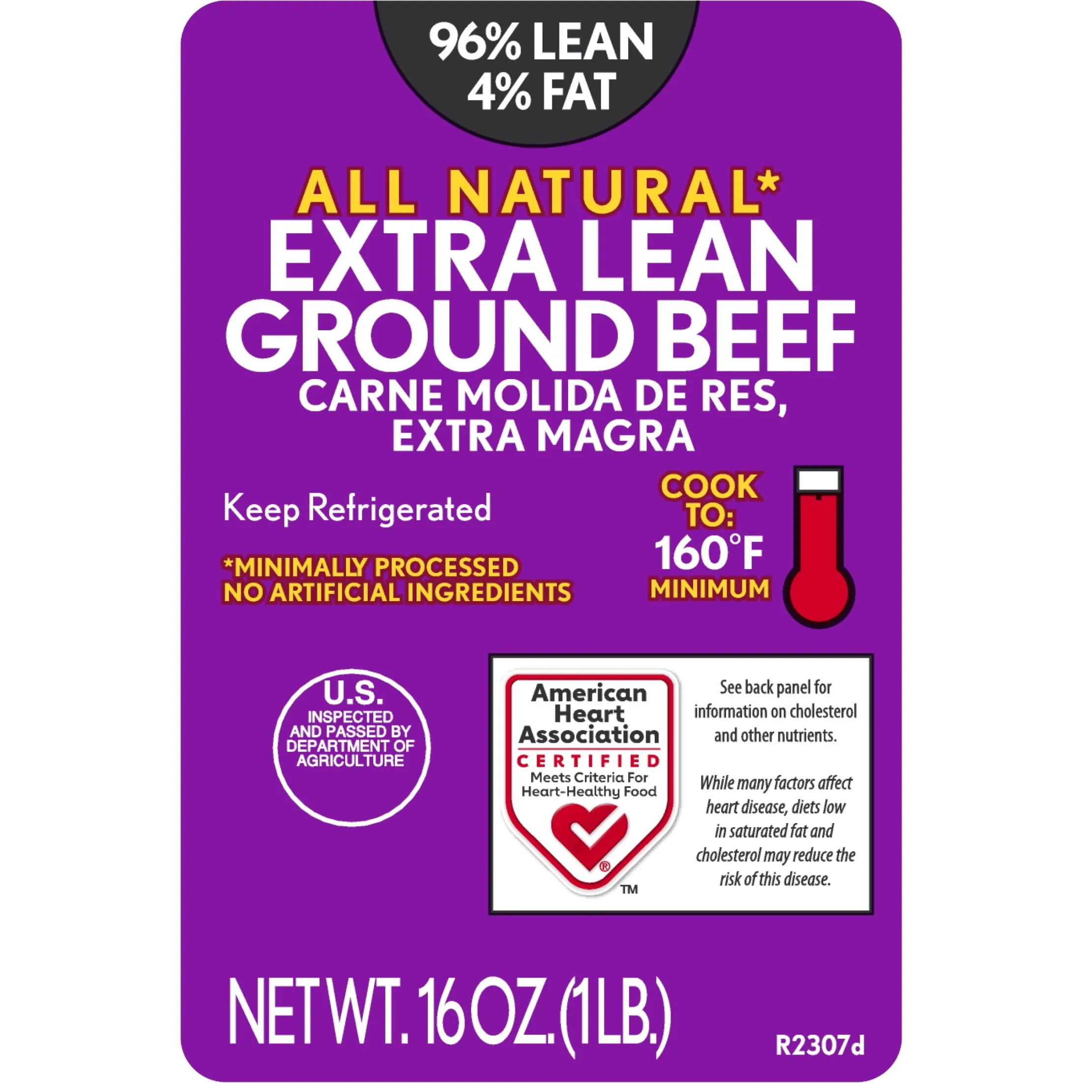 All Natural* 96% Lean/4% Fat Extra Lean Ground Beef, 1 lb Tray