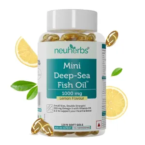 Neuherbs Mini Deep Sea Omega 3 Fish Oil 1000 mg With Lemon Flavour- 2X Omega 3, 360mg EPA & 240mg DHA With Vitamin D3 & E | No Fishy Burps/After Taste | 120 Softgels (60 Days Supply)