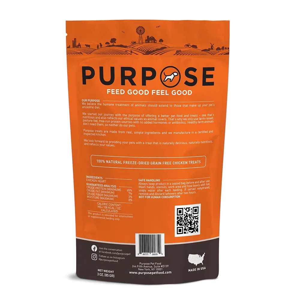 Purpose Chicken Heart Grain-Free Freeze-Dried Treats For Cats & Dogs 3oz