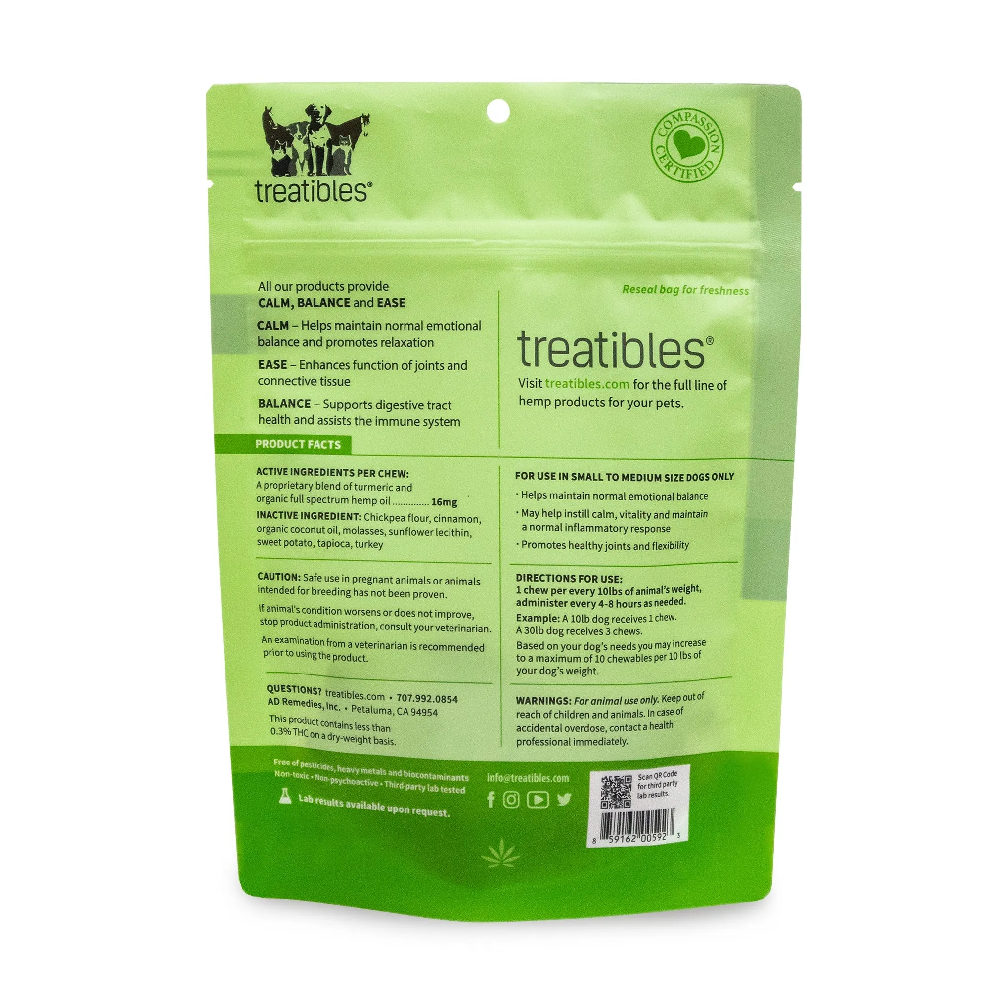 Treatibles® Full Spectrum Hemp 1mg Hard Chews - Small/Medium Dogs